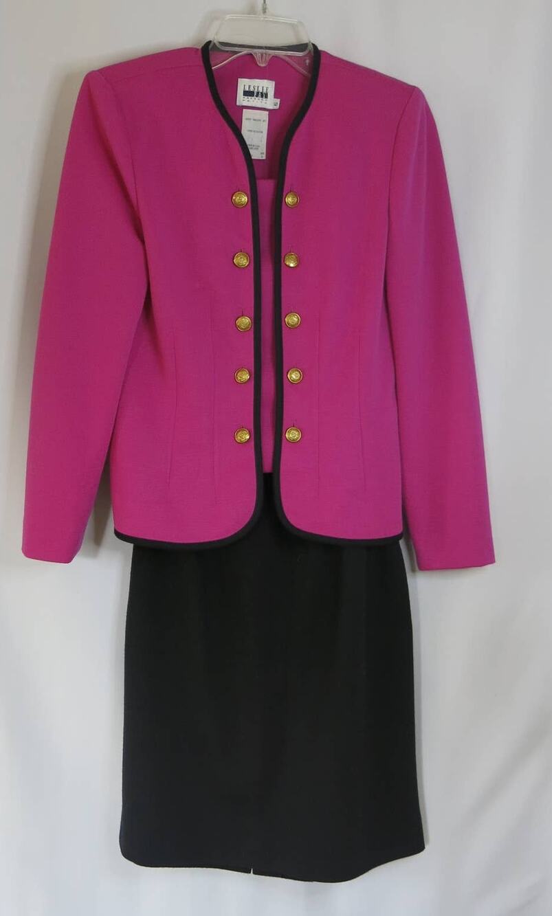 VINTAGE 90s LESLIE FAY DRESSES PETITE Suit Skirt Jacket Size 6 Women Pink/Black